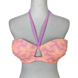 Victoria's Secret Peach Orange Lace Over Purple Halter Pushup Wired Bikini Top